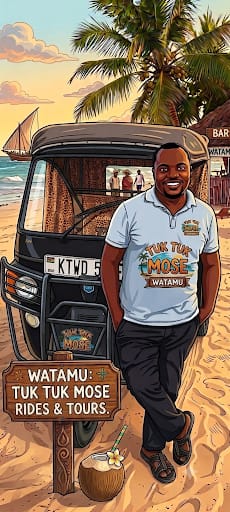 Mose with his tuk tuk in Watamu, Kenya